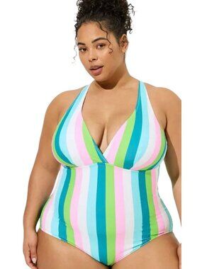 Torrid Wireless Striped One-Piece Swimsuit Green Pink White Soft Cup Size 2X